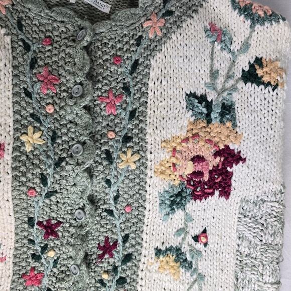 Hand Knitted Floral Sage Pink Cardigan Jacket Large Cottagecore Grannycore - Picture 8 of 13